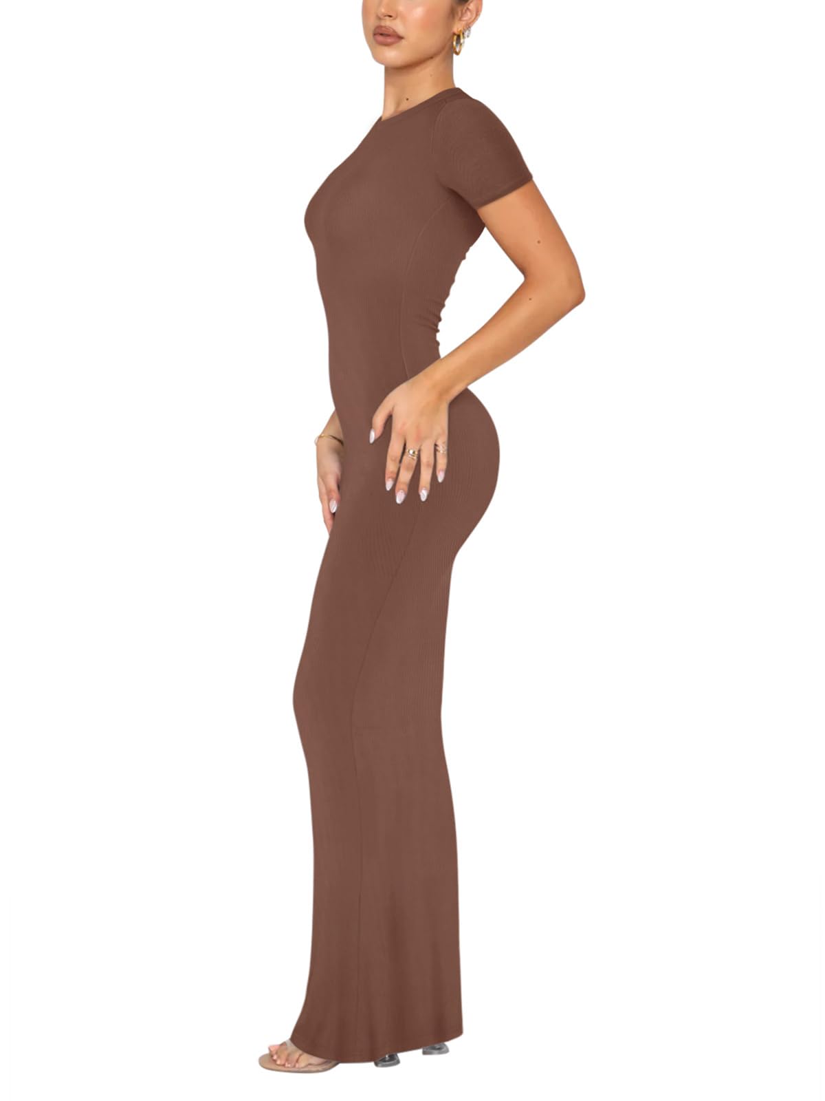 REORIA Women's Summer Sexy Casual Lounge Long Dress Elegant Wedding Guest Short Sleeve Crew Neck Bodycon Maxi Dresses Coffee Medium
