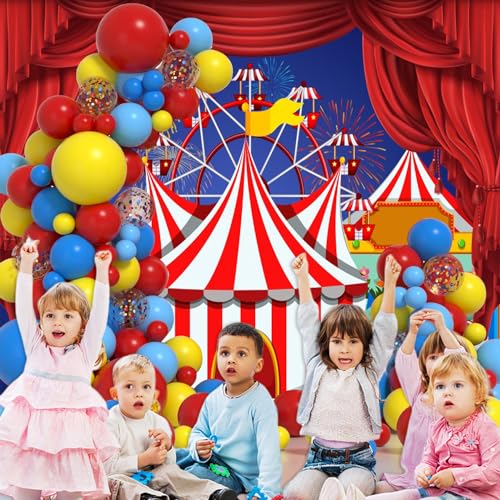 YongFoto Circus Theme Backdrop 15x10ft Red White Striped Tent Night Star Balloons Stage Red Curtain Photography Background Kids Birthday Baby Shower Carnival Night Party Banner Clown Portrait Prop