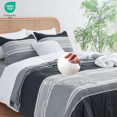 PHF Twin Comforter Set - 2 Pieces Soft Striped Bedding Comforter Sets, Charcoal Grey Stripe Fluffy Bed Set for All Season, 1 Lightweight Comforter (68"x90") and 1 Pillowcases (20"x26")