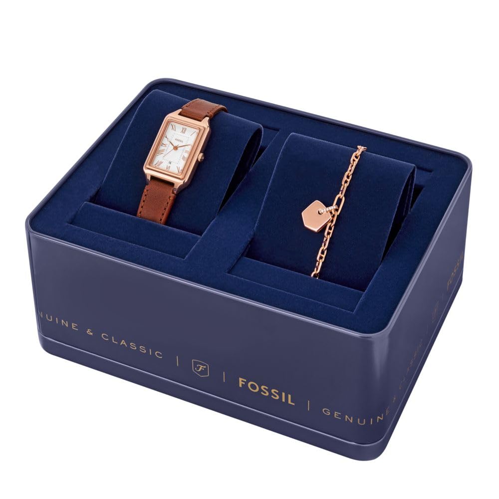 Fossil Women's Raquel Three-Hand Date Red Leather/Rose Gold Watch and Bracelet Set