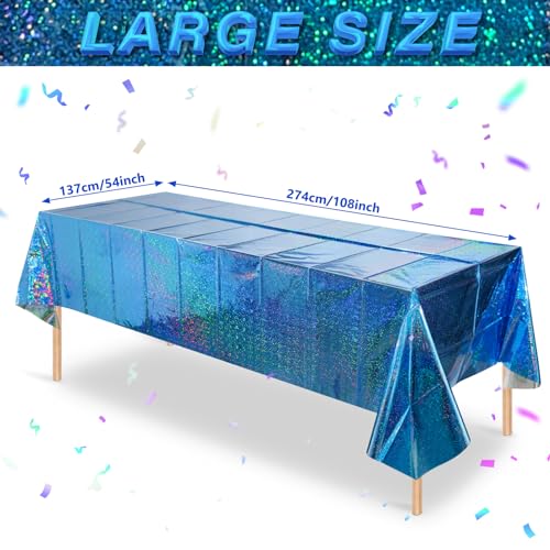 3 Pack Iridescent Blue Plastic Tablecloth, FunnyPars Shiny Disposable Laser Rectangle Table Cover, Holographic Foil Tablecloth Iridescent Party Decorations for Birthday Wedding Ocean Theme, 54x108Inch