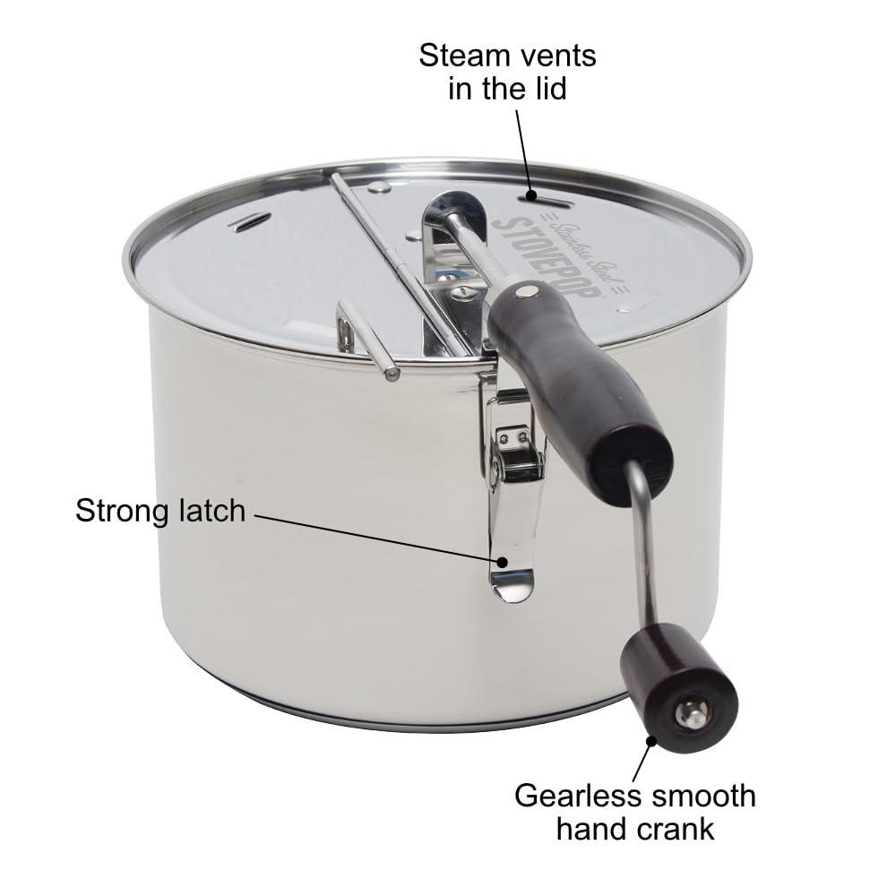 StovePop Stainless Steel Popcorn Popper - Gearless Hand Crank, Magnetic Lid, 6 Qt - Induction Range Compatible