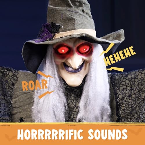 JOYIN 84” Hanging Talking Witch Halloween Decorations Outdoor Decor, Standing Flying Hover Witch Halloween Party Supplies Light Up Eyes Haunted House Front Porch Gard Yard Lawn