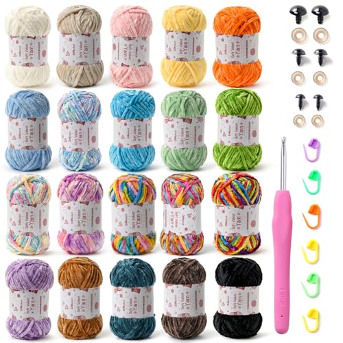 20 Pack Chenille Chunky Yarn - Baby Yarn for Crocheting Soft - White Black Brown Green Red Pink Blue Rainbow Velvet Yarn Crochet Blanket - Amigurumi Yarn Pack with Crochet Accessories