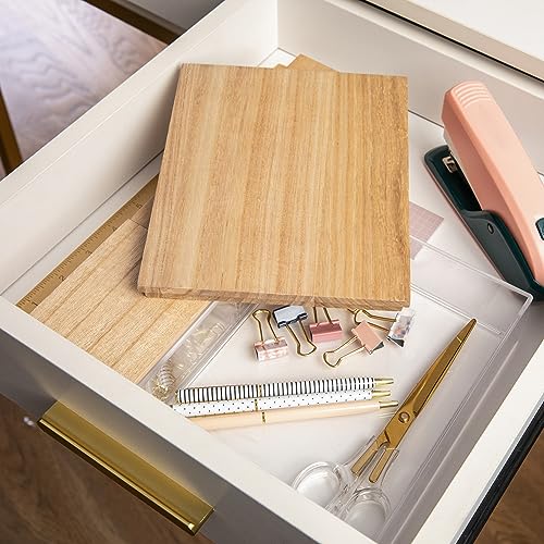 Martha Stewart Brody Plastic Storage Organizer Bins with Paulownia Wood Lids for Home Office,-Kitchen, or-Bathroom, 3 Pack 1-Small/1-Medium/1-Large, Clear/Lt Natural