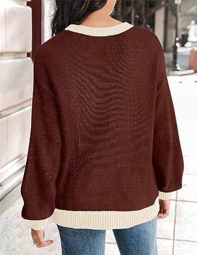 ZESICA Women's Casual Long Sleeve Crew Neck Pullover 2024 Fall Ribbed Knit Loose Contrast Color Sweater Tops,Purple,Medium
