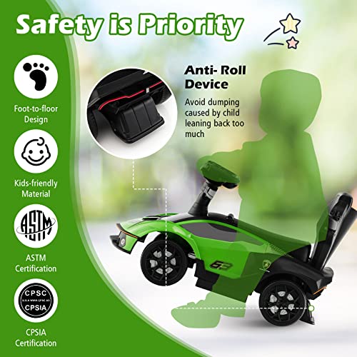 Costzon Push Cars for Toddlers, 3 in 1 Licensed Lamborghini Stroller Sliding Walking Car w/Handle, Armrest Guardrail, Underneath Storage, Horn, Foot-to-Floor Ride On Toy for Boys Girls (Green)