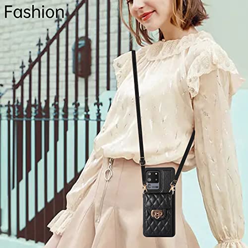 Phone Case for Samsung Galaxy S20 Ultra 5G Wallet Cover with Credit Card Holder Shoulder Crossbody Strap Long Lanyard Leather Cell Accessories S20ultra 20S S 20 A20 S2O 20ultra G5 Women Girls Black