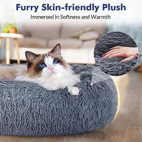 rabbitgoo Cat Beds for Indoor Cats, 20 inches Cat Bed Machine Washable, Fluffy Round Pet Bed Non-Slip, Calming Soft Plush Donut Cuddler Cushion Self Warming for Small Dogs Kittens, Dark Grey, Medium