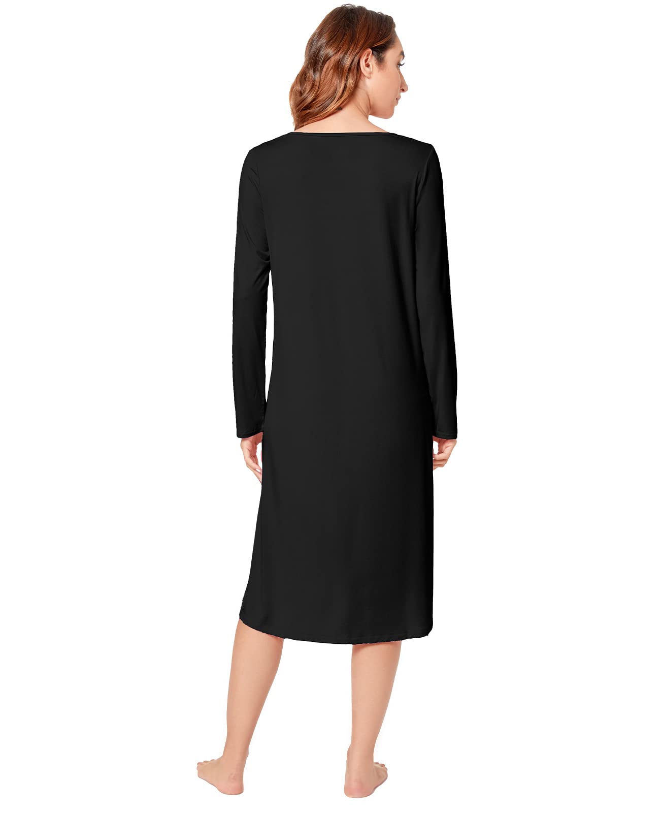 QUALFORT Womens Nightgowns Long Sleeve Nightgown V Neck Loungewear Side Slit Soft Nighdress B-black