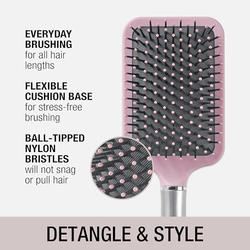 Conair Velvet Touch Paddle Cushion hair brush - Detangling hairbrush - curly or straight styles - men or women - detangler - features soft touch handle - Blush Pink