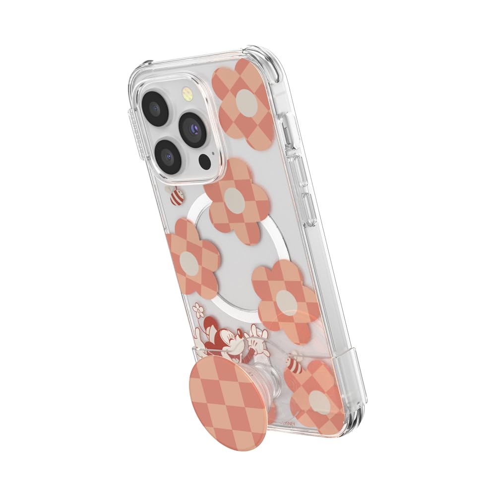 PopSockets iPhone 14 Pro Case with Phone Grip and Slide Compatible with MagSafe, Phone Case for iPhone 14 Pro, Wireless Charging Compatible, Disney - Minnie Checker Flower