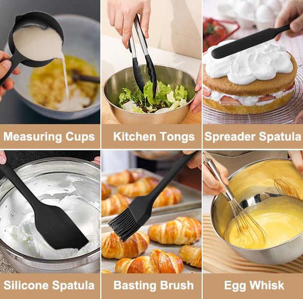 Wildone Mixing Bowls with Airtight Lids, 27 PCS Stainless Steel Nesting Bowls, with 3 Grater Attachments, Scale Mark & Non-Slip Bottom, Size 5, 4, 3, 2, 1.5, 1, 0.63QT, Ideal for Mixing & Prepping