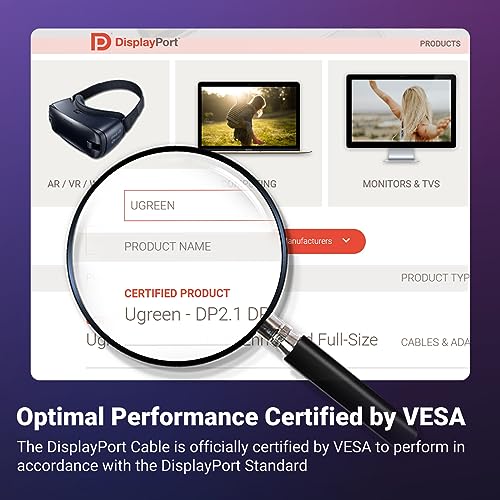 UGREEN DisplayPort Cable 2.1 [VESA Certified] DP2.0 40Gbps Support 16K@30Hz 8K@240Hz 4K@240Hz HDR, HDCP, DSC 1.2a, Braided Display Port Cable Cord Compatible FreeSync G-Sync Video Card Monitor, 3.3FT