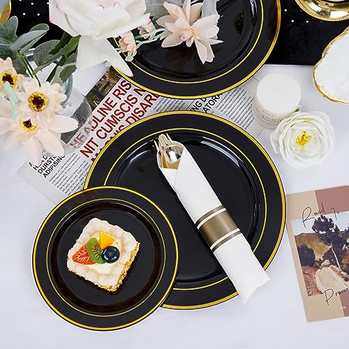 WDF Partyware 350 Pieces Black and Gold Plastic Plates with Disposable Silverware, Include 50 Dinner Plates 9”, 50 Dessert Plates 6.3”, 50 Gold Rim Black Cups 9 OZ, 50 Pre Rolled Napkins Packed in