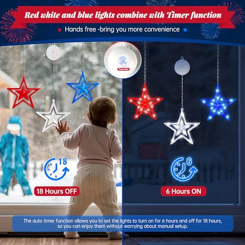 oopswow Red White and Blue Lights,3 Pack 45LED 4th of July Patriotic Lights with Timer Function,Battery Operated Star Lights for Window,Fourth of July Decoration,Independence day,Labor Memorial Day