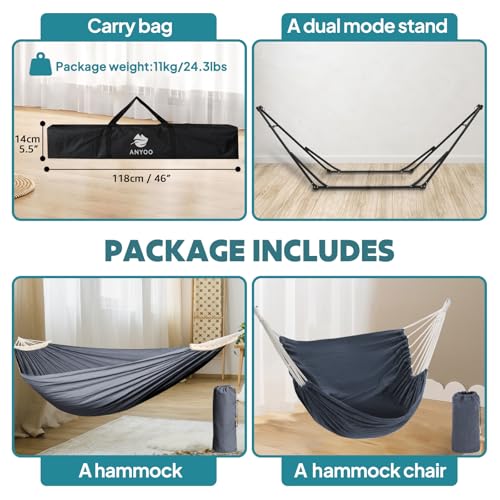 Anyoo 2 in 1 Hammock and Swinging Chair with Collapsible Steel Stand & Carrying Case,Portable & Adjustable,Easy Set Up for Outdoor,Indoor,Porch Swing,Patio,Garden,Camping Trip
