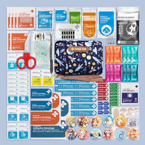 EVERLIT Care Rescue Pack | Family-Friendly First Aid Kit for Kids with 200 Pcs Medical Supplies | Travel-Friendly Compact Storage Bag for Home, Car, Travel, Camping, Adventure (Galaxy)