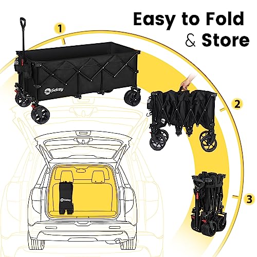 Sekey 48''L Collapsible Foldable Extended Wagon with 440lbs Weight Capacity, Heavy Duty 300L Folding Utility Garden Cart with Big All-Terrain Beach Wheels & Drink Holders. Black