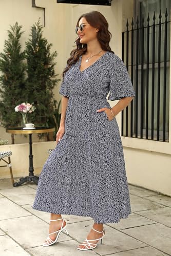 Keluummi Plus Size Wedding Guest Maxi Dresses for Curvy Women, Summer Casual Boho Floral Party Long Sundress with Pockets(16 Plus, 06 - Deep Green Floral)