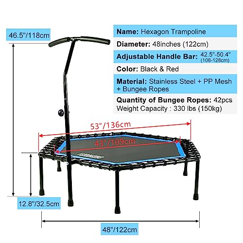 ONETWOFIT 48" Silent Mini Trampoline with Adjustable Handle Bar Fitness Trampoline Bungee Rebounder Jumping Cardio Trainer Workout for Adults Blue