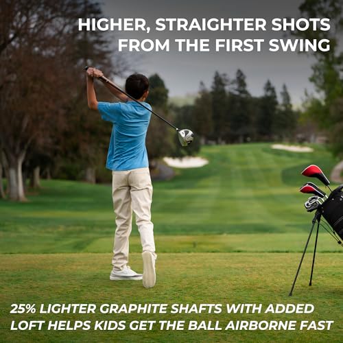 Precise XD-J Junior Golf Clubs Set – Right & Left Hand Options – Kids Golf Clubs for Ages 3-5, 6-8, 9-12 – Lightweight Graphite Shafts, Hybrid Club, Stand Bag – Boys & Girls Golf Set