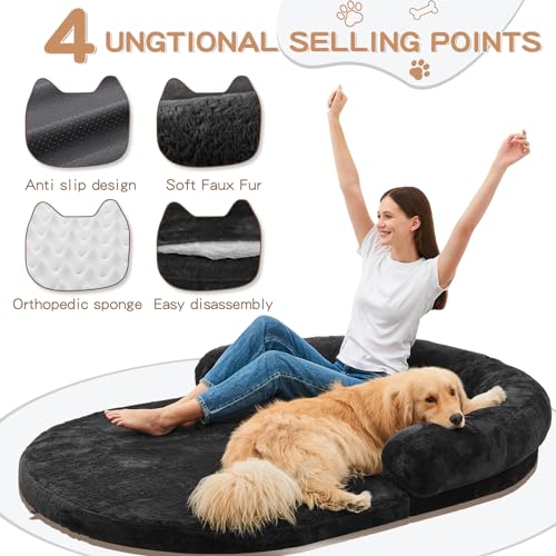 Human Dog Bed for Adult People, Large Gaint Shared Bed Foldable Adjustable Flufelbed Standard Cloud Bed with Memory Foam,Fluffy Faux Fur Orthopedic Nap Dog Bean Bag Sleeping Bed with Black Blanket