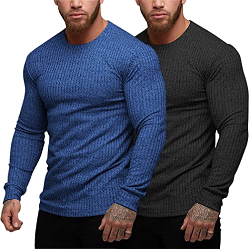 COOFANDY Men Muscle T Shirt Long Sleeves Fitted Gym Workout Athletic Tee Ribbed Knit Shirt White