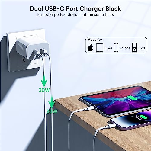 iPhone Charger [Apple Certified] 2Pack PD Dual USB C Charger Block Fast Charging Wall Charger Plug with 10FT Long Rapid Type C - Lightning Cable Apple Charger for iPhone 14/13/12/11 Pro/XS/XR/SE, iPad