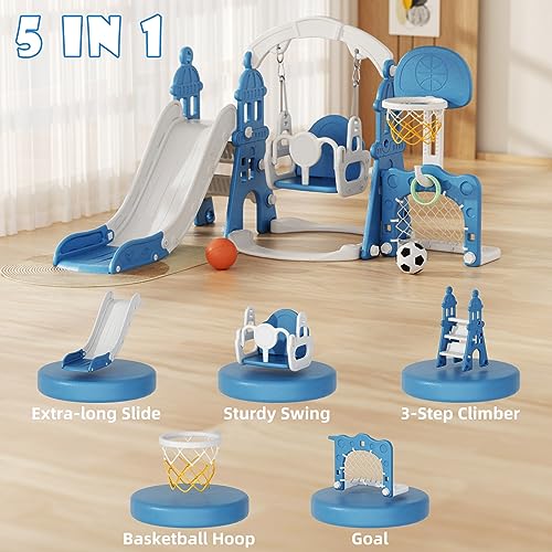 XJD 6-in-1 Toddler Slide and Swing Set, Kids Slide for Toddlers Age 1+, Toddler Outdoor Playset with Basketball Hoop, Football Frame, Swing, Outdoor Indoor Playground for Toddlers 1-3 (Blue)