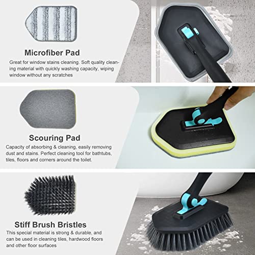 Shower Cleaning Brush with Long Handle, 3 in 1 Tub and Tile Scrubber Brush with 50.4'' Extendable Long Handle Detachable Stiff Bristles Scrub Brush for Cleaning Bathtub Shower Bathroom (Black)