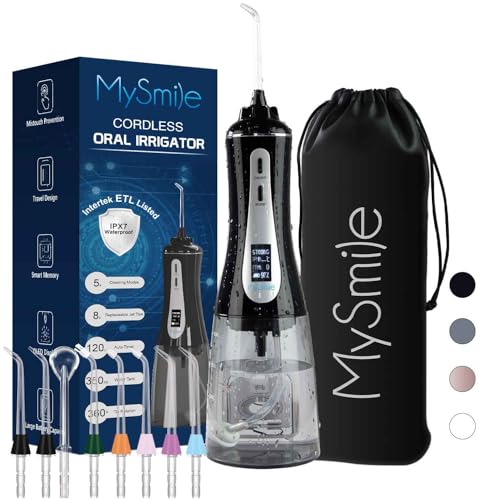 MySmile Powerful Cordless 350ML Water Dental Flosser Portable OLED Display Oral Irrigator with 5 Pressure Modes 8 Replaceable Jet Tips and Storage Bag for Home Travel Use (Black)