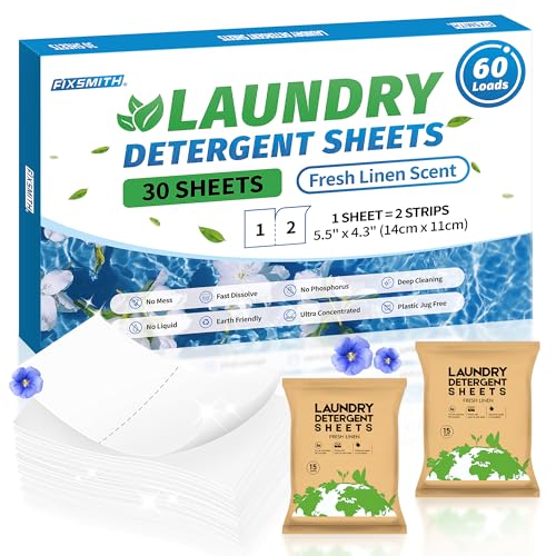 FIXSMITH Laundry Detergent Sheets - 60 Loads (30 Sheets) Fresh Linen Scent - Hypoallergenic,Eco Friendly Laundry Soap Sheets Ultra-Concentrated Travel Detergent Sheets.Plastic-Free,Liquidless.