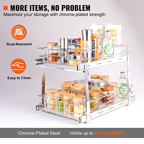 VEVOR 2 Tier 13"W x 21"D Pull Out Cabinet Organizer, Heavy Duty Slide Out Pantry Shelves, Chrome-Plated Steel Roll Out Drawers, Sliding Drawer Storage for Inside Kitchen Cabinet, Bathroom, Under Sink