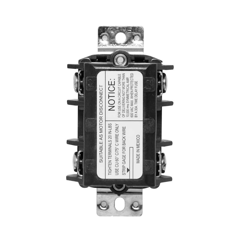 Leviton MS303-DSS 30 Amp, 600 Volt, Three-Pole, 3 Phase AC Motor Starter, Suitable as Motor Disconnect, Short Toggle, Industrial Grade, Non-Grounding, Black