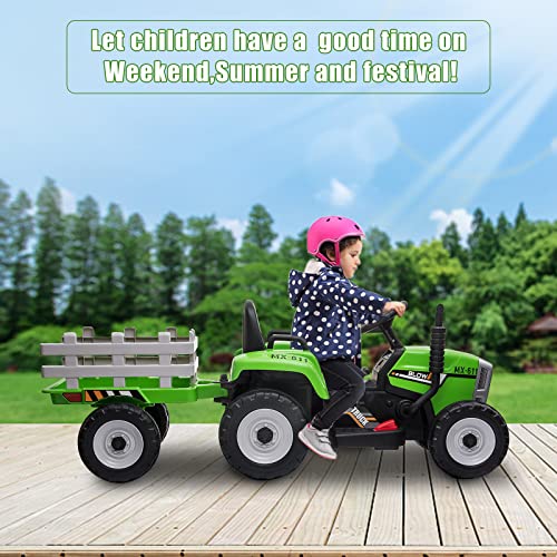 SEHOMY Kids Ride on Tractor with Trailer and 25W Dual Motors, 12V Battery Powered Electric Kids Car Vehicle Toys with Remote, 3-Gear-Shift, Music, LED Lights,USB, Power Wheels for Boys Green