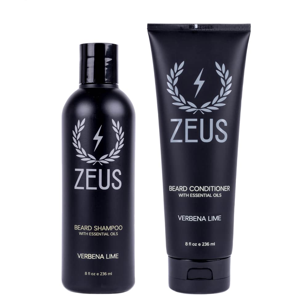 ZEUS Beard Wash & Beard Conditioner Set with Green Tea for Men, Soften, Hydrates & Moisturizes - MADE IN USA (Verbena Lime)