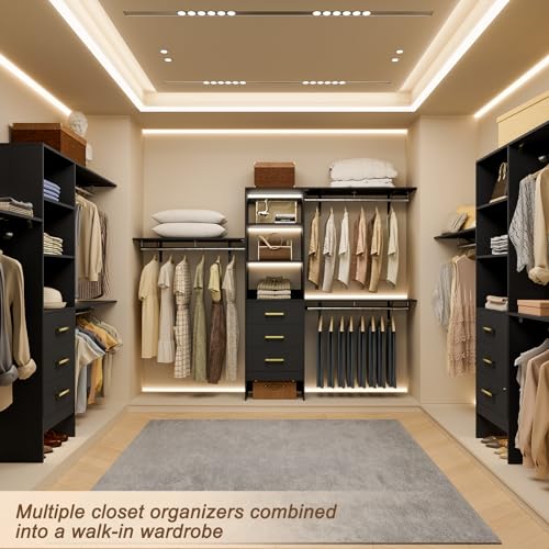 LOVMOR Built-in/Walk-in Closet System 8ft with Drawers and Shelves, 96inch Customizable Organizers and Storage Systems, Wall Mounted Wardrobe for Clothes Organization W/Expandable Rod