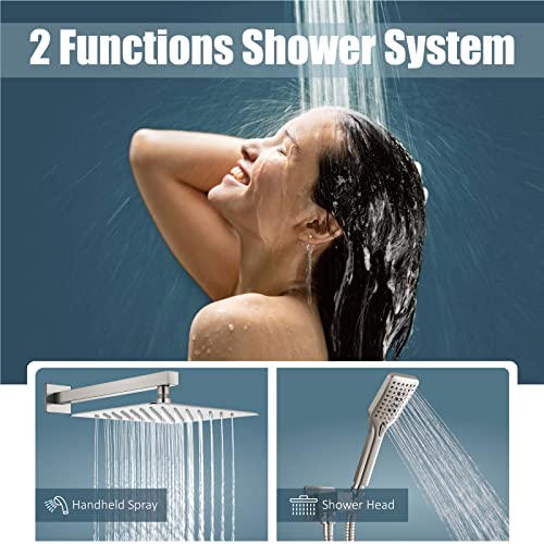 Aolemi Brushed Nickel Shower System 10 Inch Wall Mount Rainfall Shower Head with Slid Bar 3 Functions ABS Handheld Spray Rough-in Valve and Shower Trim Included Bathroom Shower Faucet Mixer