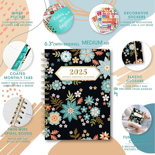 Ymumuda 2025 Planner, 12-Month Daily Weekly Monthly Planner from JAN.2025 to DEC.2025, 8.4" X 6", Spiral Planner Notebook with Stickers, Elastic Closure, Inner Pocket