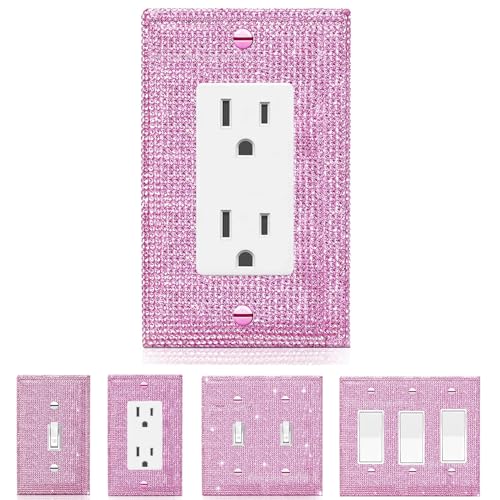 Pink Shiny Rhinestones Light Switch Cover 1 Gang Single Rocker Wall Plate Bling Glitter Electrical Outlet Decorative for Women Girls Home Bedroom Bathroom Kitchen