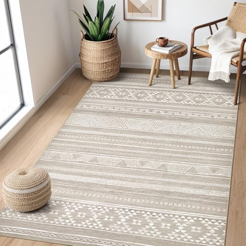 DMOYEST 3x5 Area Rug Living Room Rugs - Washable Large Soft Boho Neutral Geometric Moroccan Modern Rug for Bedroom Dining Room Home Office Non Slip Low Pile Farmhouse Carpet Indoor - Brown