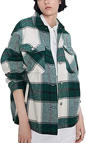 Lviefent Womens Casual Wool Blend Plaid Flannel Shackets Jacket Button Down Shirt Coat (Green, Small)