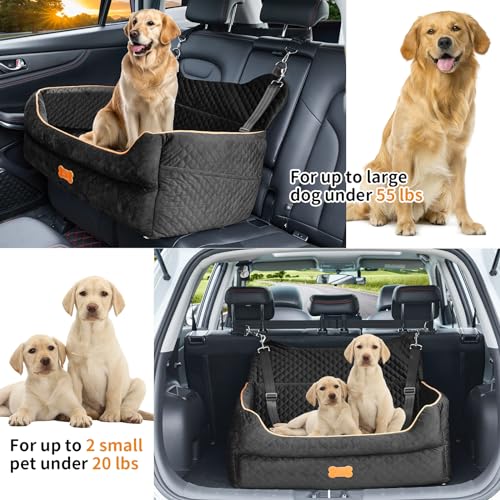 Dog Car Seat for Large/Medium Dog - Memory Foam Dog Booster Seat for Dogs Under 55Lbs or 2 Small Dogs-Detachable and Washable Travel Bed Dog Seat with Thick Cushion and Storage Pockets-Black