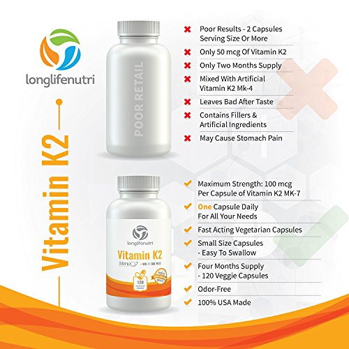 LongLifeNutri Vitamin K2 MK-7 100mcg – 120 Vegetarian Capsules for Bone and Heart Health, 4-Month Supply, Alcohol-Free, Lab Tested, Made in USA, Non GMO