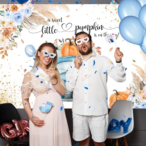 Avezano Blue Pumpkin Baby Shower Backdrop for Boy Boho Fall Baby Shower Decorations Little Pumpkin Truck Banner Thanksgiving Autumn Newborn Baby Shower Party Background(7x5ft)