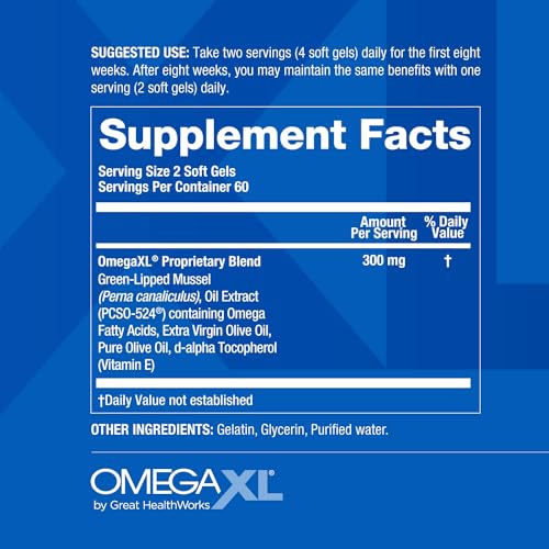 OmegaXL Joint Support Supplement - Natural Muscle Support, Green Lipped Mussel Oil, Soft Gel Pills, Drug-Free, 120 Count