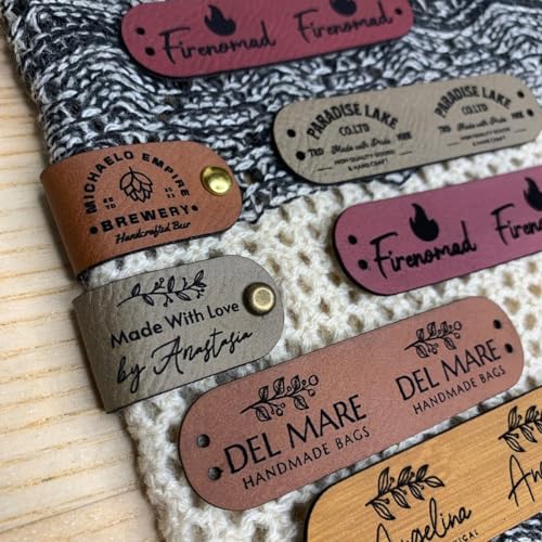 Customized 2.75 x 0.75 inches Faux Leather Product Tags With Rivets, Personalized Tags for Knitting Crochet, Cute Labels Handmade Perfect for Hats Beanies Scarves & More, Labels for knits