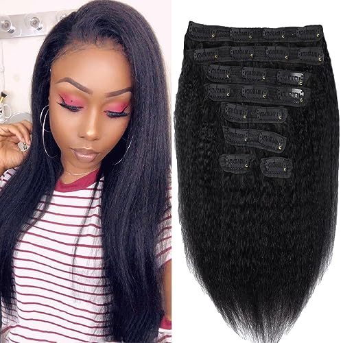 Kinky Straight Hair Clip ins Hair Extensions Chocolate Brown Brazilian Virgin Human Hair Kinky Straight Clip in Hair Extensions Real Human Hair 8pcs 20 Clips 100g/Set (4# Kinky straight, 12inch)