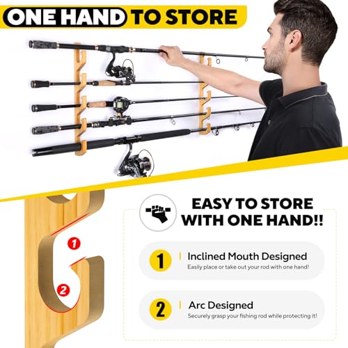 PLUSINNO WH5 Horizontal Fishing Rod/Pole Holders for Garage, Wall or Ceiling Mounted Fishing Rod Rack, Solid Wood Fishing rod Holder Holds up to 5 Rod or Combos or Nets Storage Racks